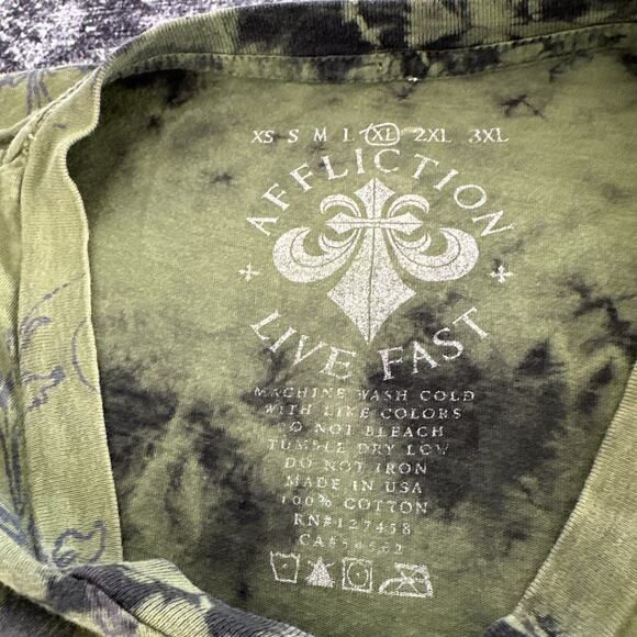Size XL Affliction Live Fast Men's Shirt Aztec Wings Army Green Vneck Tee - Picture 5 of 12